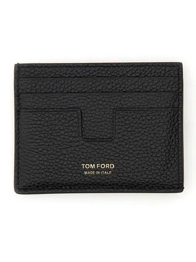 Tom Ford Textured Black Calf Leather Card Holder In Black