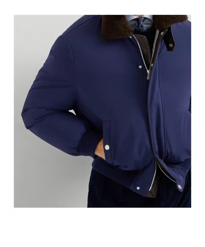 Brunello Cucinelli Tailored Feather Down Jacket With Sheepskin Collar In Blue