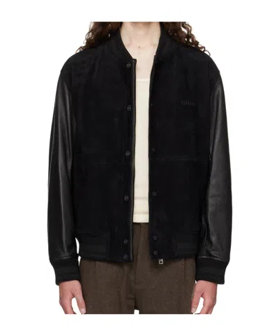Hugo Boss Black Embossed-logo Leather Bomber Jacket In Black