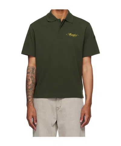 Moncler Mens Script Logo-embroidery Short-sleeve Cotton-jersey Polo Shirt Dark Green In Green