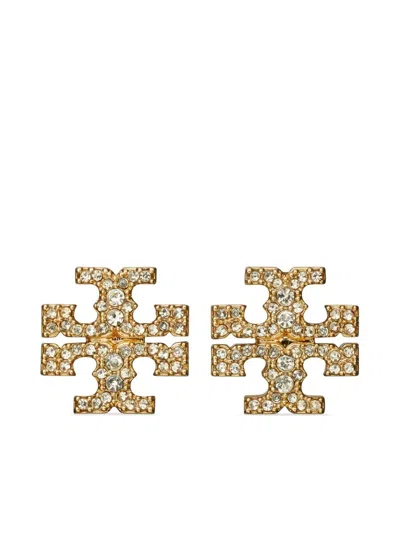 Tory Burch Kira Metallic Earings With Double T Motif And Crystal Embellishments In Gold Plated Brass Woman In Silver