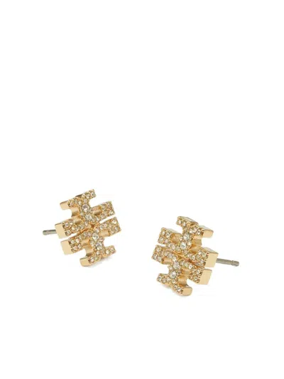 Tory Burch Kira Metallic Earings With Double T Motif And Crystal Embellishments In Gold Plated Brass Woman In Silver