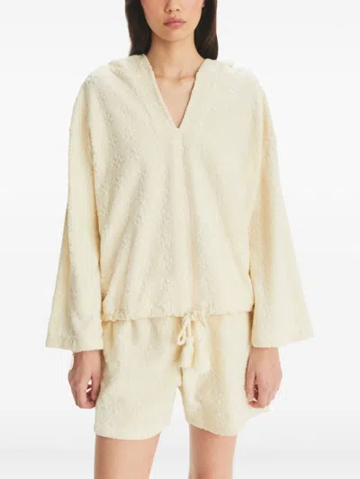 Tory Burch Terry V-neck Hooded Sweatshirt In Neutral