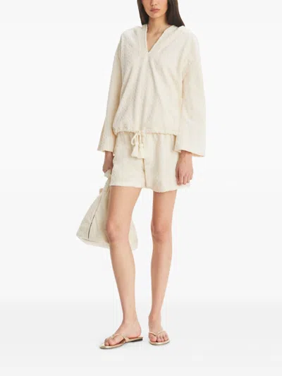 Tory Burch Terry V-neck Hooded Sweatshirt In Neutral