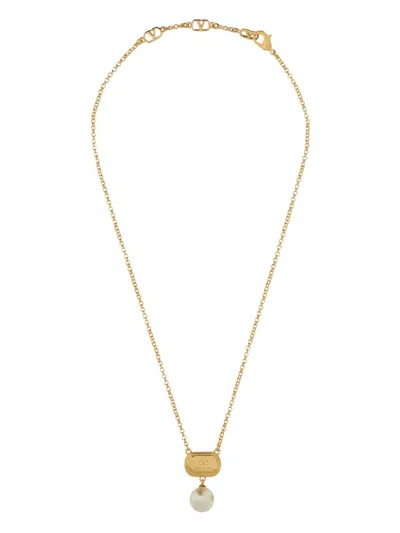 Valentino Garavani Ovalette Metal Necklace With Enamel Crystal And Swarovski® Pearl Woman Gold/black