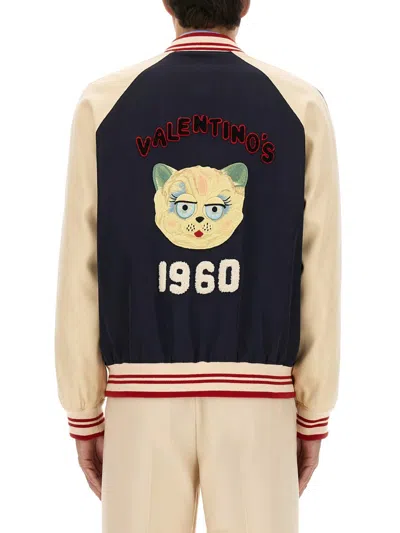 Valentino Sporty Bomber Jacket With Embroidered Details In Blue