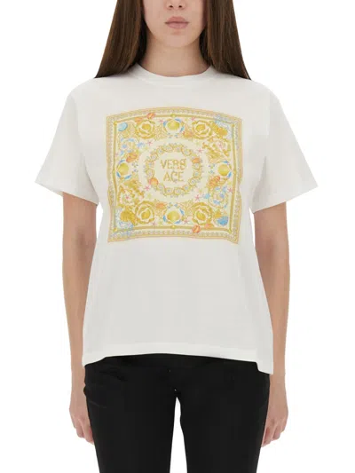 Versace Underwater Baroque Graphic Print Crew Neck T-shirt In White