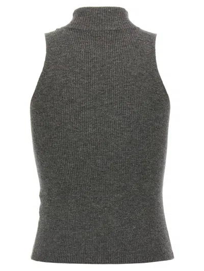 Brunello Cucinelli Sleeveless High Neckline Ribbed Top In Gray