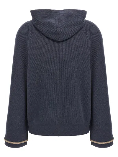 Brunello Cucinelli Ribbed Texture Hooded Sweater With Long Sleeves In Blue