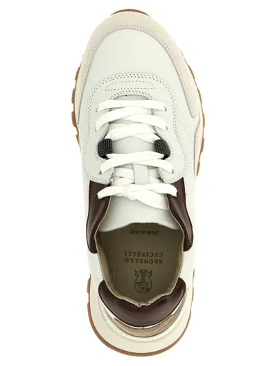 Brunello Cucinelli Leather Sneakers Featuring Padded Ankle And Rubber Sole In Neutral