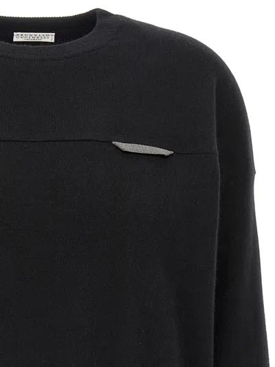Brunello Cucinelli Cropped Sweater With Crew Neck And Decorative Detail In Black