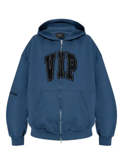 Balenciaga Cotton Sweatshirt With Front Pockets And Hood In Blue