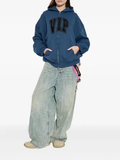 Balenciaga Cotton Sweatshirt With Front Pockets And Hood In Blue