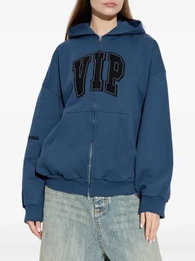 Balenciaga Cotton Sweatshirt With Front Pockets And Hood In Blue