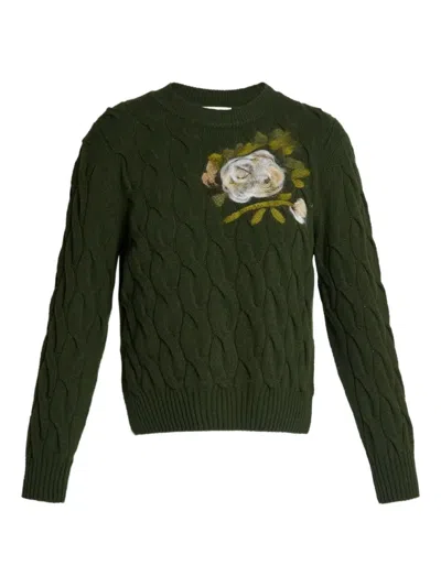 Erdem Cable-knit Floral-embroidered Sweater In Green