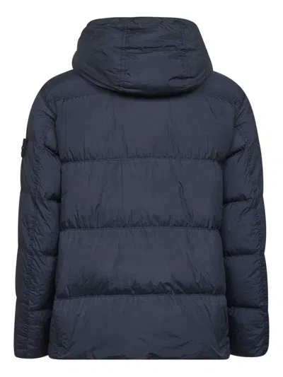 Stone Island Blue Down Jacket With Drawstring Hood And Logo Patch On The Sleeve In Tech Fabric Man In Blue