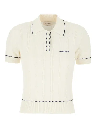 Alexander Mcqueen White Polo Shirt With Classic Collar And Logo Lettering Embroidery On The Front In Viscose Woman