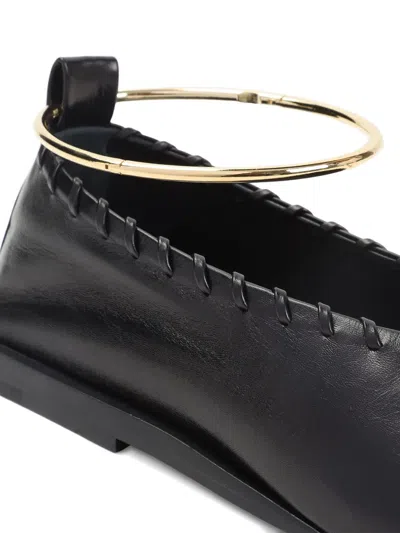 Jil Sander Ring Whipstitch-trimmed Leather Ballet Flats In Black