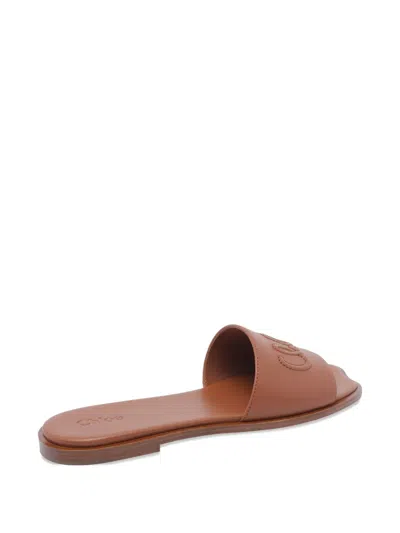 Chloé Flower Leather Flat Sandals Open Toe In Brown