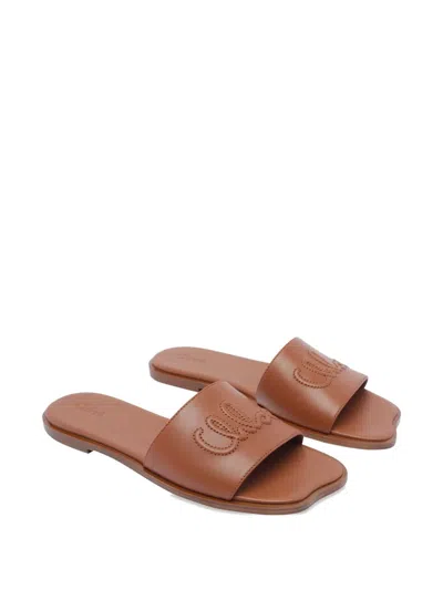 Chloé Flower Leather Flat Sandals Open Toe In Brown