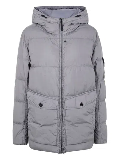 Stone Island Quilted Hooded Down Jacket With Front Pockets In Gray