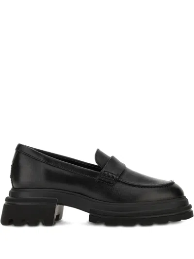 Hogan 10-storey Smooth Leather And Workwear Sole Loafers Shoes In Black
