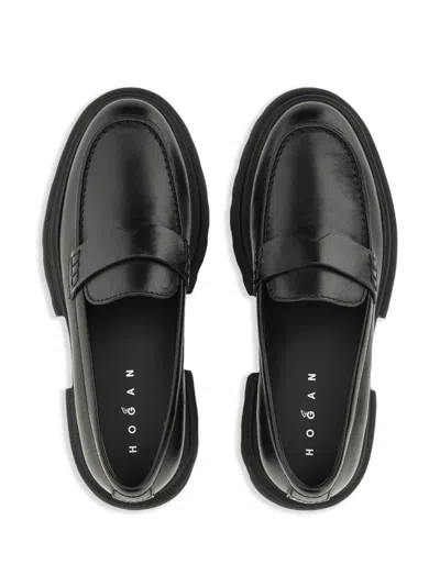Hogan 10-storey Smooth Leather And Workwear Sole Loafers Shoes In Black