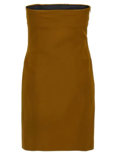 Attico Sequin Insert Strapless Fitted Dress With Side Mesh In Brown