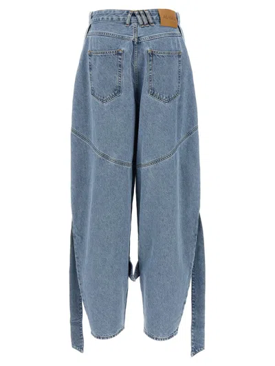 Attico Blue Jeans With Maxi Drawstring On The Front And Logo Patch On The Rear In Denim Woman In Blue