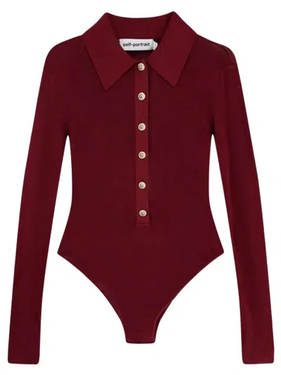 Self-portrait Self Portrait Women Burgundy Viscose Knit Long-sleeved Bodysuit