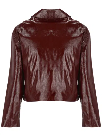 Self-portrait Leather Cropped Jacket In Burgundy