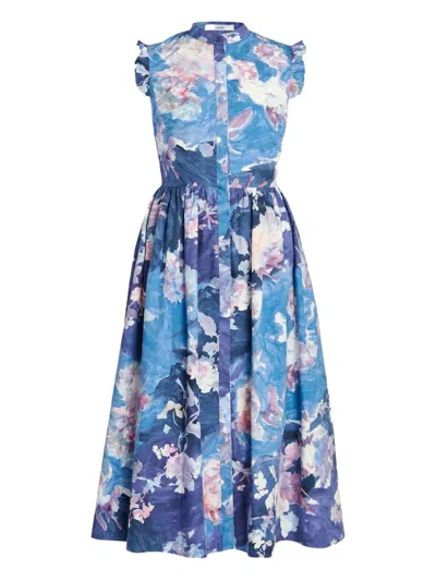 Erdem Floral Print Sleeveless Crinkled Satin Midi Dress In Blue
