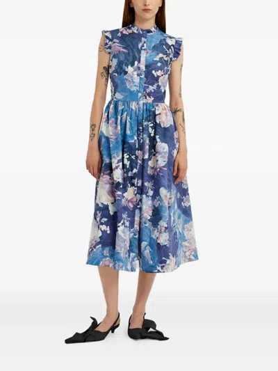 Erdem Floral Print Sleeveless Crinkled Satin Midi Dress In Blue