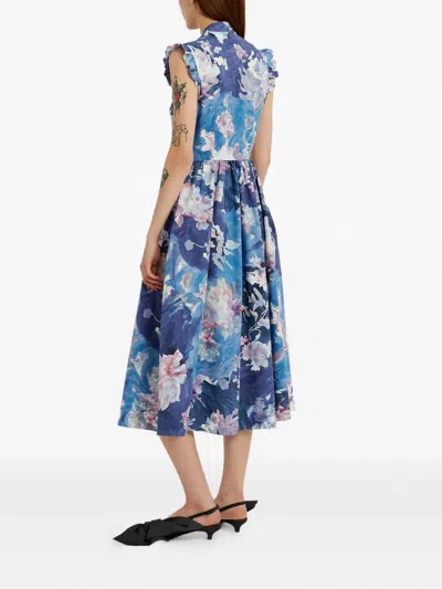 Erdem Floral Print Sleeveless Crinkled Satin Midi Dress In Blue