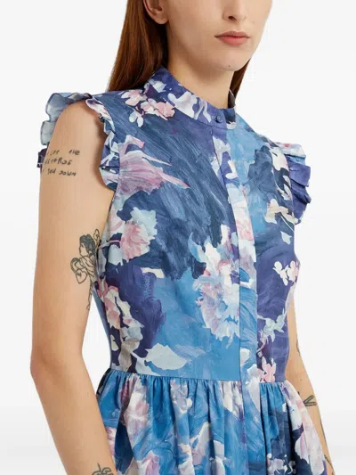 Erdem Floral Print Sleeveless Crinkled Satin Midi Dress In Blue