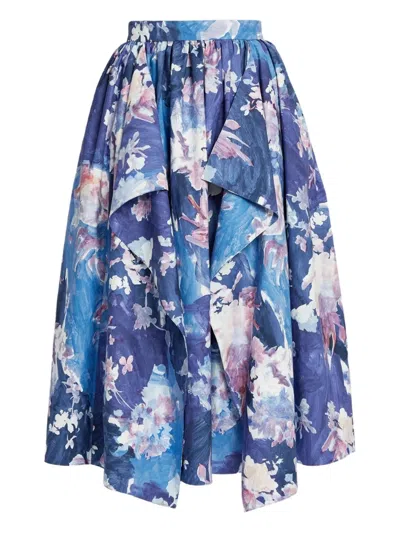 Erdem Womens Artist Garden Cobalt Floral Pleated Cotton-poplin Midi Skirt In Blue