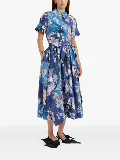 Erdem Womens Artist Garden Cobalt Floral Pleated Cotton-poplin Midi Skirt In Blue