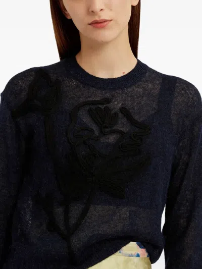 Erdem Embroidered Knit Crewneck Sweater In Blue