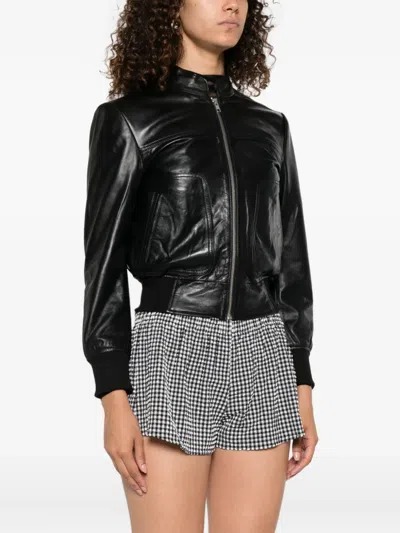 R13 Shrunken Leather Jacket With Stand Collar In Black