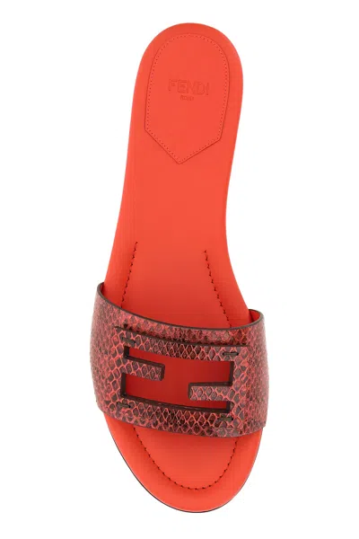 Fendi Leather Flat Sole Slides With Metal Embellishment In Red