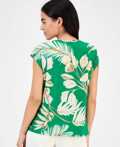Anne Klein Petite Printed Extended-shoulder Asymmetric Top In Green