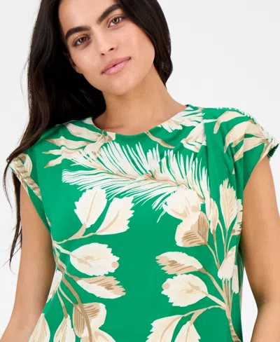 Anne Klein Petite Printed Extended-shoulder Asymmetric Top In Green