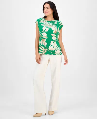 Anne Klein Petite Printed Extended-shoulder Asymmetric Top In Green