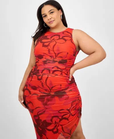 Bar Iii Trendy Plus Size Printed Shirred Midi Dress, Exclusively At Macy's