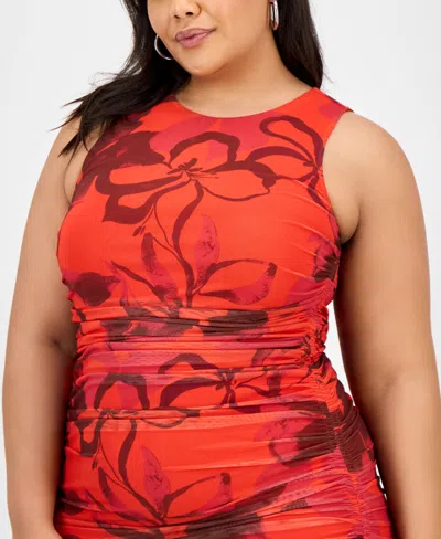 Bar Iii Trendy Plus Size Printed Shirred Midi Dress, Exclusively At Macy's