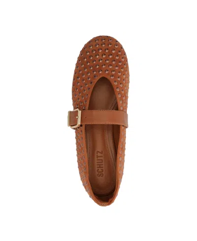 Schutz Eiza Shine Studded Suede Buckle Flats In Brown