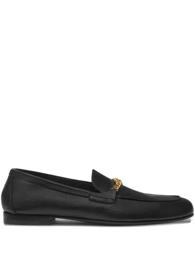 Versace Logo Plaque Leather Loafers In Black