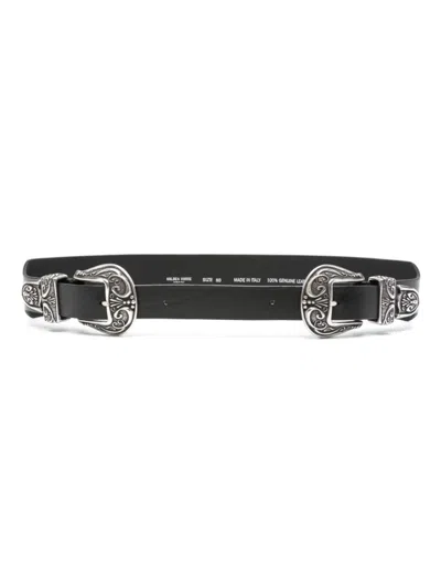 Golden Goose Black Leather Belt With Ornate Silver-tone Buckle In Black