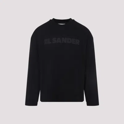 Jil Sander Men Black Long Sleeve T-shirt With Front Logo Print In Cotton Man In Black