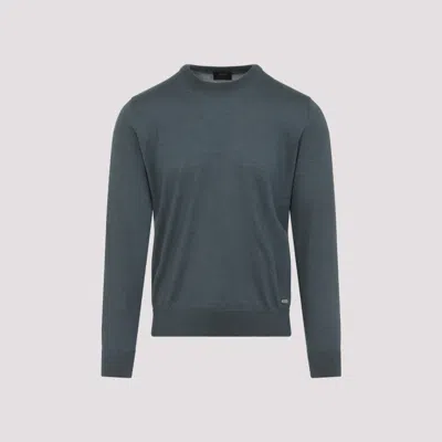 Brioni Ribbed Crewneck Sweater With Cuffs And Hem In Blue